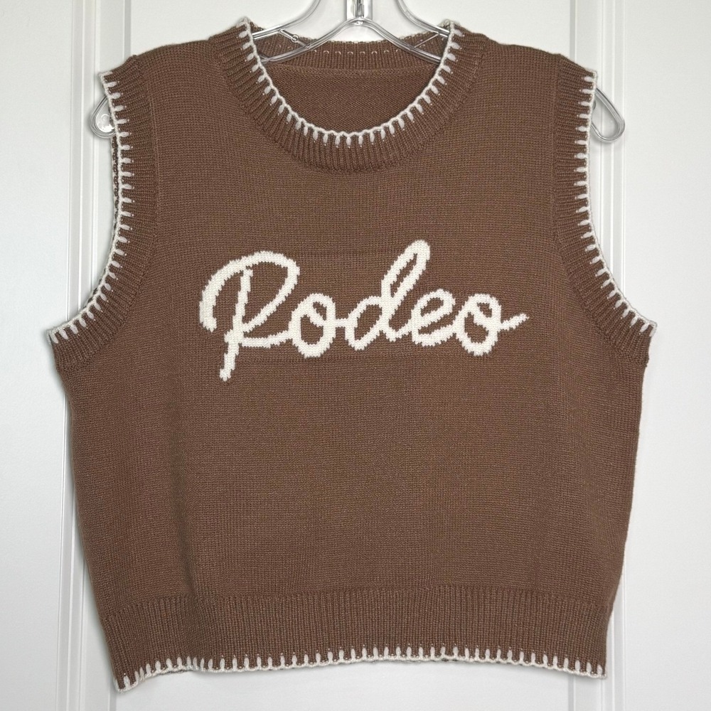 Westfade Brown Rodeo Knit Sweater Vest White Blanket Stitch Trim Womens Medium